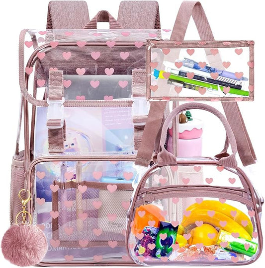 17" Love Heart Clear Backpack for Girls - 3Pcs Flip Design Stadium Approved Set, Campus/School Transparent Bookbag (Pink)