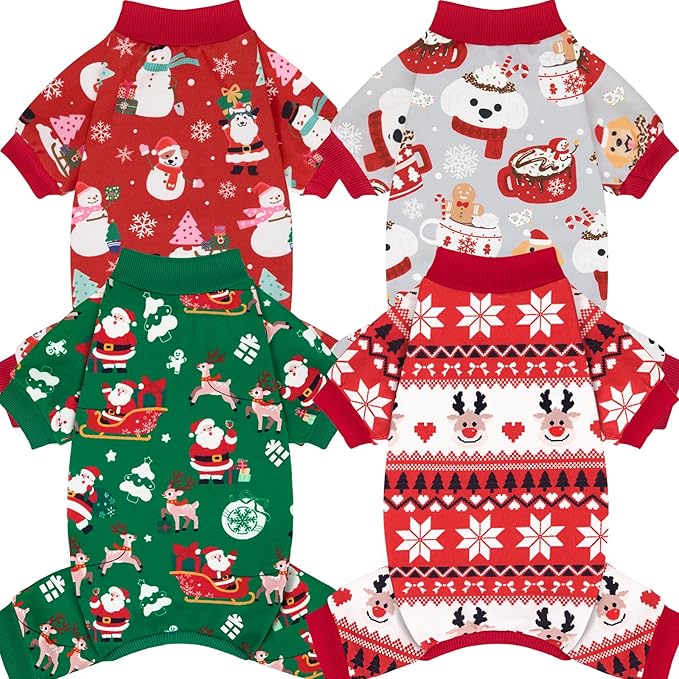 XPUDAC 4 Pack Christmas Dog Pajamas Soft Puppy Outfits for Small Medium Dogs Pet Clothes Pjs Doggie Bodysuit Cat Christmas Apparel, Red Green, XL