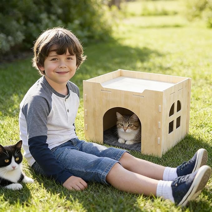 Bifeaw Guinea Pig Hideout, Natural Wooden Chew Proof Hideaway Hut for Small Pets (Cat)