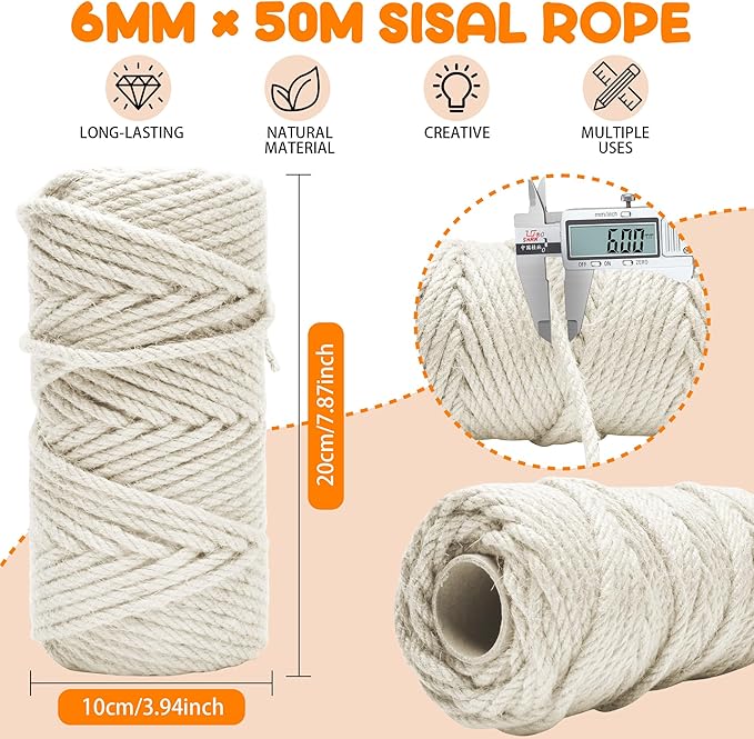 164FT/50M Cat Scratching Sisal Rope, 6mm 1/4 inch Thick Natural Jute Rope for Scratch Posts, Cat Trees, DIY Projects, Sisal Rope for Cat Scratcher with 2 Cat Mouse Toys (White, 164ft)