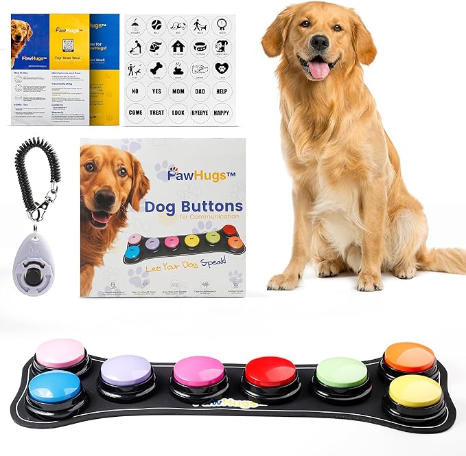 Dog Buttons for Communication – Dog Talking Buttons Starter Set with Mat & Clicker, Recordable Button Talking Buttons for Dogs, Voice Recording Button, Dog Training Buttons (Pack of 8)