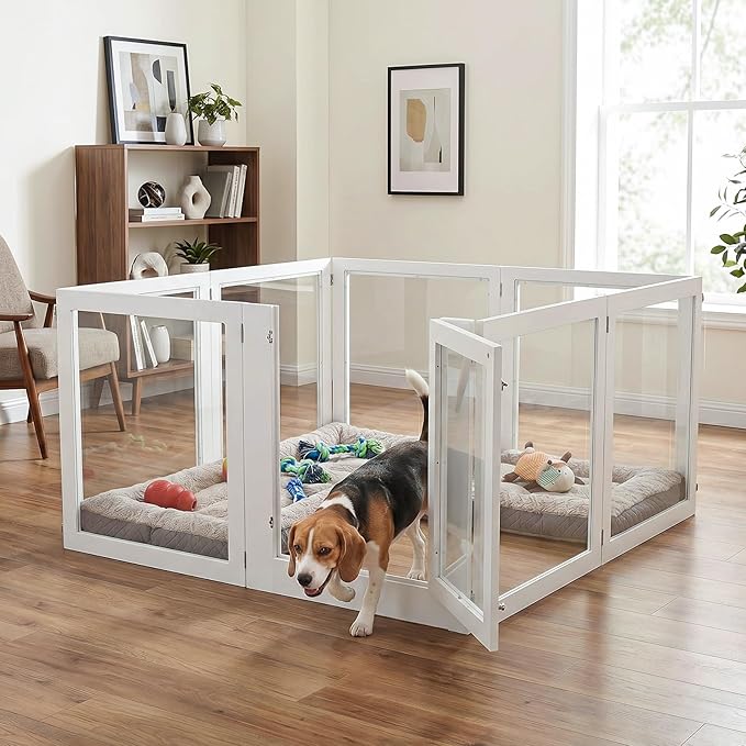 Heavy Duty Clear Acrylic Dog Playpen for Small/Medium Pets – 32" High Clear Pet Pen with Sturdy Metal Frame, Walk-in Kennel, Expandable Indoor & Outdoor Pet Play Yard (White, 8 Panels Including Door)