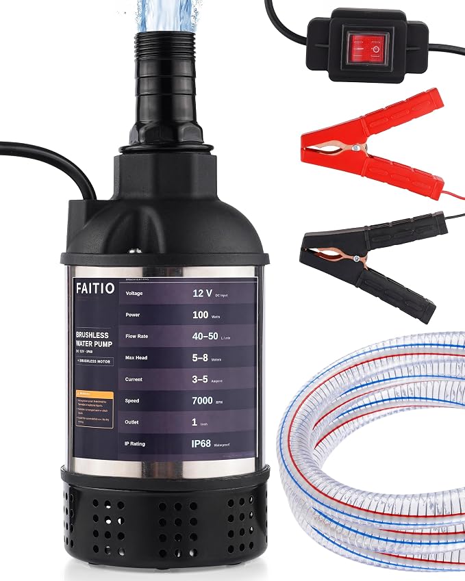 12V DC Submersible Water Transfer Pump w/ 6.6ft Water Hose, Power Button and Battery Clamps, 1100GPH Battery Powered Sump Pump, Portable Submersible Utility Pump for Camping, Rain Barrel