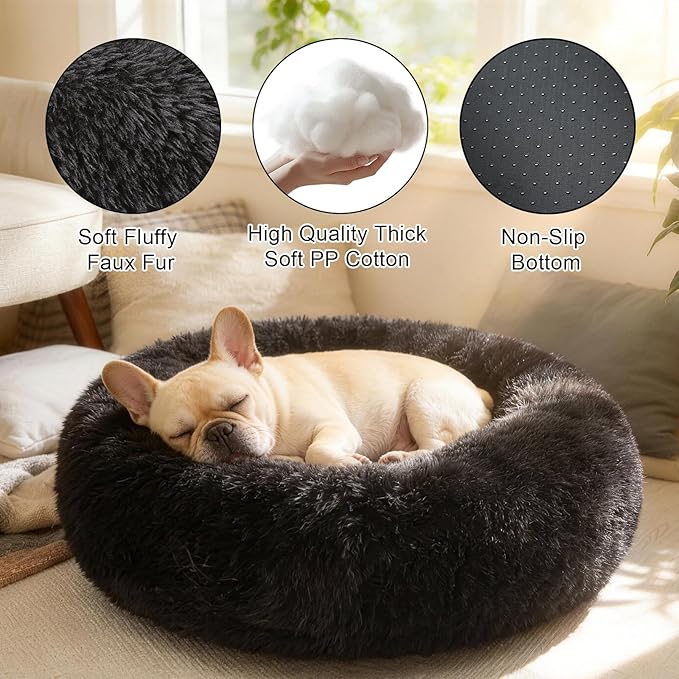 Dog Calming Beds for Medium Large Dogs - Round Donut Washable Puppy Dog Bed, Anti-Slip Faux Fur Fluffy Donut Cuddle Anxiety Cat Pet Bed(36" Black