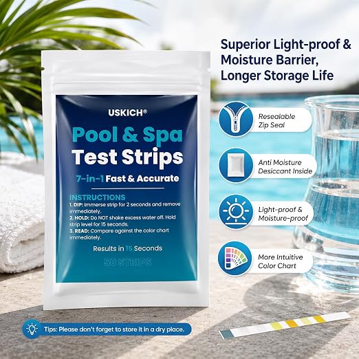 7 in 1 Pool Test Strips, 150-Count Hot Tub & Spa Test Strips, Pool Water Testing Kit Accurately Tests Bromine, Total Alkalinity, pH, Free Chlorine, Total Hardness, Cyanuric Acid and Total Chlorine