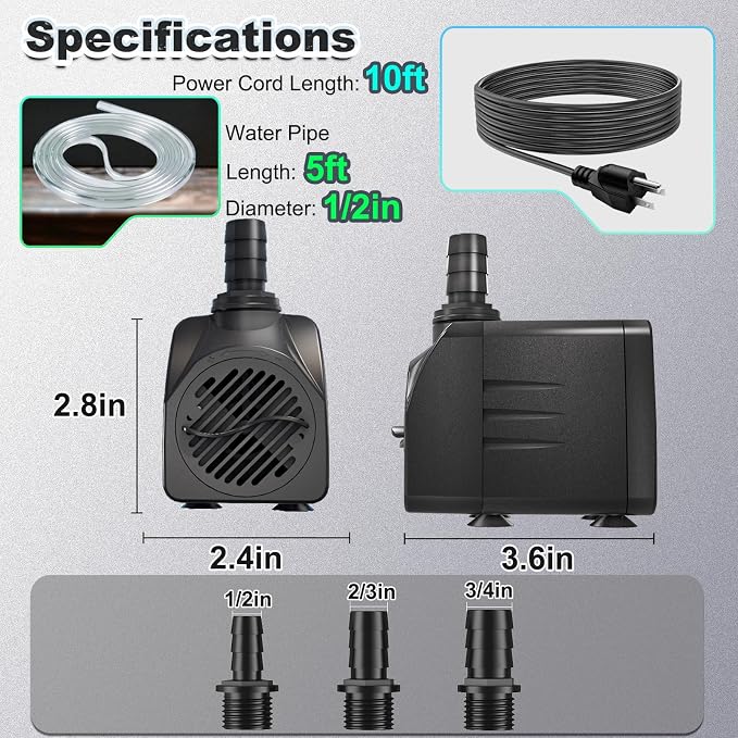 SongLong 25W 400GPH 10ft Cable Ultra Silent Water Pump with Tubing, Overheat Protection | Perfect for Small Fountains, Fish Ponds & Hydroponics