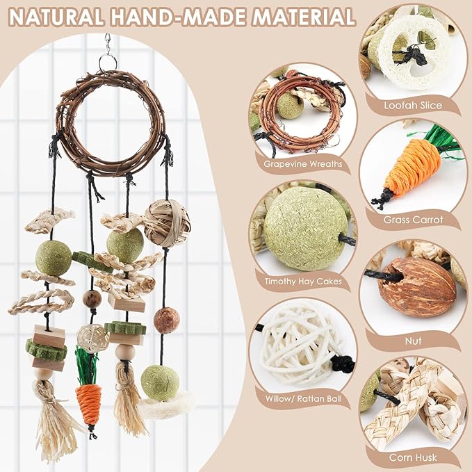 Bissap Bunny Chew Toy, Rabbits Cage Hanging Chew Toys and Treats Grapevine Wreaths Rattan Ring with Snacks for Guinea Pigs Chinchillas Hamsters Rats and Other Small Pets Teeth Grinding