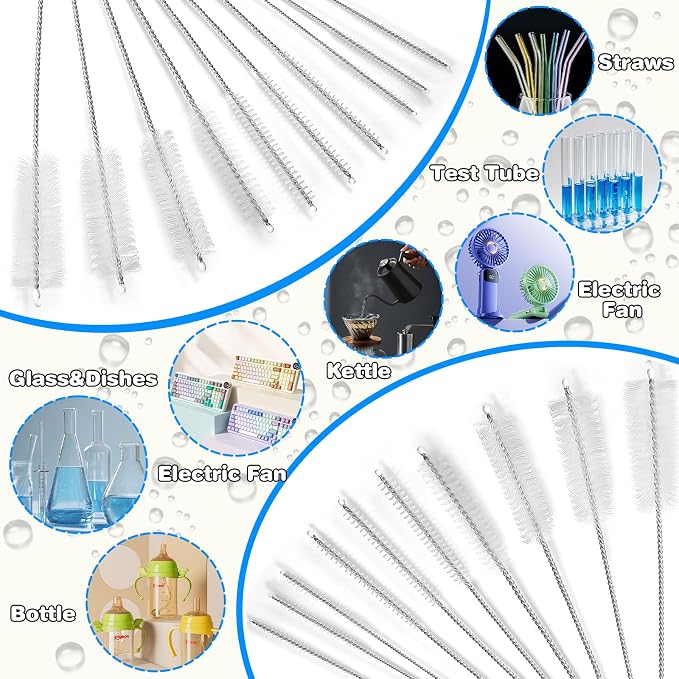Ixiaoyoo 11 Pcs Cleaning Brushes Set, 8 Inch + 60 Inch Cleaner Brushes | White Nylon Brushes Kit for Bottles, Tumbler, Sippy Cups, Pet Waterers, Drinking Straws, Pipes, Sink Drain, Fish Tank, Hose