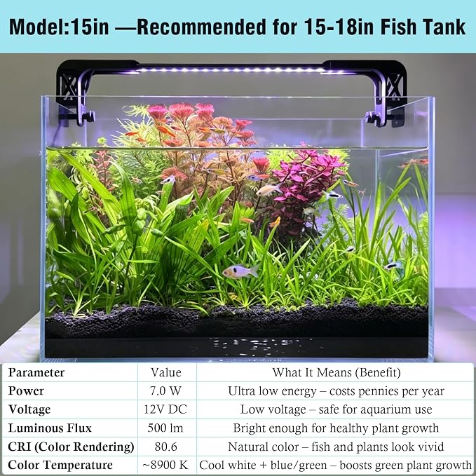 HITOP 15in Slim&Adjustable Aquarium LED Light Achieves Crystal Tank | Full Spectrum with Day/Night Mode & Timer, 10-Level Brightness, Adjustable Lighting for Planted Tank & Freshwater Tank