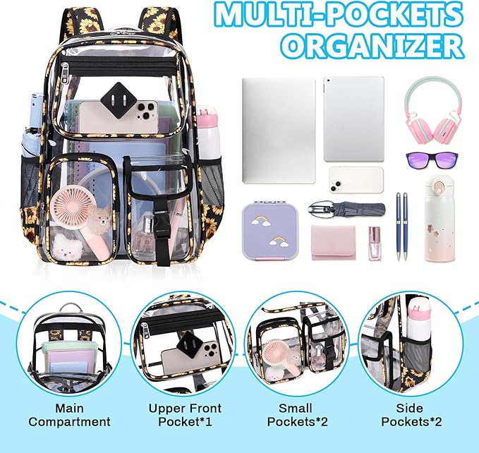 PIG PIG GIRL Clear Backpack for School,Heavy Duty PVC Transparent Bookbag for Girls Stadium Approved See Through Backpack