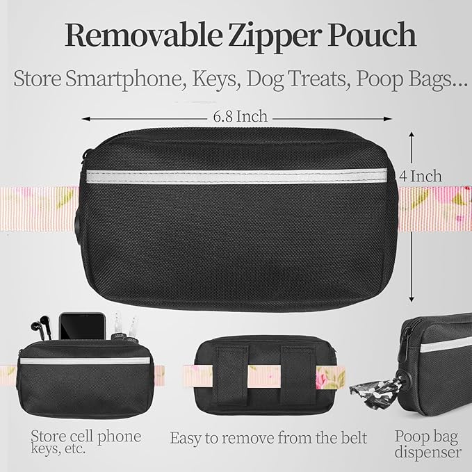 iYoShop Hands Free Dog Leash with Zipper Pouch, Dual Padded Handles and Durable Bungee for Walking, Jogging and Running Your Dog (Pink Sakura, Large)