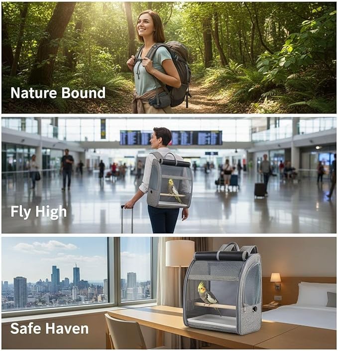 Parrot Backpack Travel Cage; 12.2 X 9.6 X 15 in Breathable Bird Carrier; Gray Backpack with Mesh Window; Removable Perch and Tray