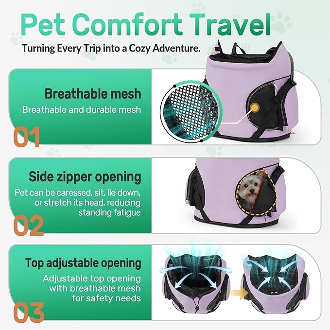 YUDODO Dog Front Backpack Carrier 5-15 lbs, Soft Breathable Pet Front Facing Carrier with Adjustable Straps, Multi-Pocket Design, for Small Dogs & Cats (Purple)