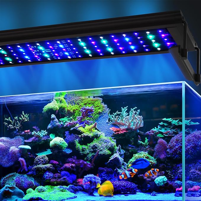 24W LED Saltwater Aquarium Light, Marine Led for Coral with White, Blue, Cyan, UV Violet LEDs Dimmer Timer for SPS/LPS Corals Fish Tanks(12-18in)