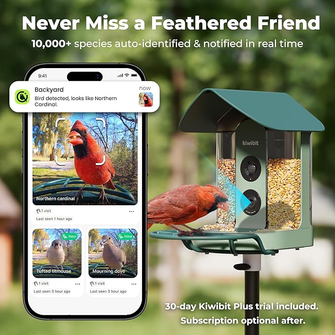 Kiwibit Smart Bird Feeder with Camera, Solar Powered for Outdoors, Bird Species AI Identification, 8MP Photos, 4K Video Livestream, Real-Time Bird Alerts, Birdwatching Gifts for Bird Lovers, Sage Pine