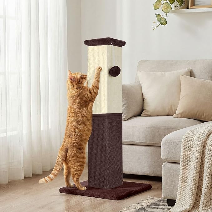Cat Scratching Post, 32 Inch Cat Scratching Post for Large Cats, Cat Scratcher with Nature Sisal, Cat Scratch Post for Indoor Large Cats and Kitten, Brown