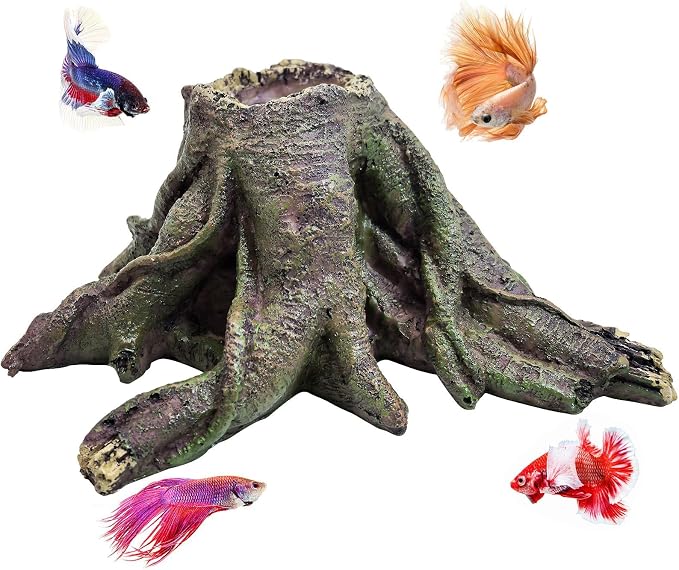 PINVNBY Resin Aquarium Tree Hollow Stump Decor - Fish Tank Ornament, Pleco Cave Hideout for Small Betta, Cichlid, Shrimp, Guppy & GloFish