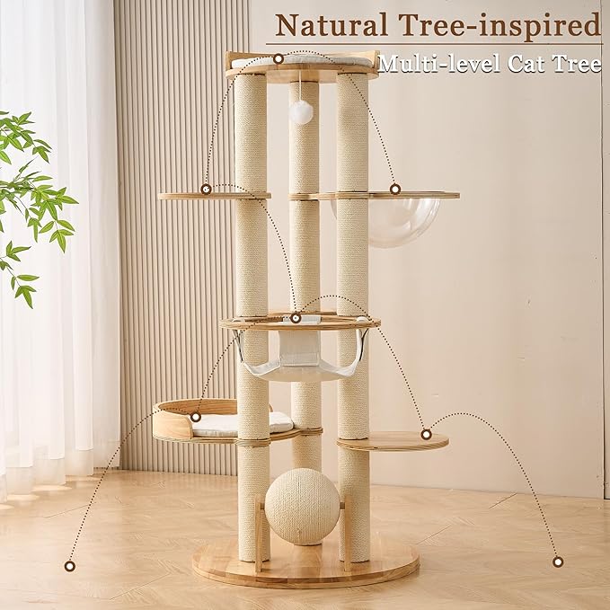 Modern Cat Tree Tower with Scratching Post for Indoor Cats Large Adult, 54 inch Tall Solid Wood Multifunctional Cat Tree Tower with Bed, Dangling Ball, Space Capsule, Scratcher Ball, Multiple Cats Use