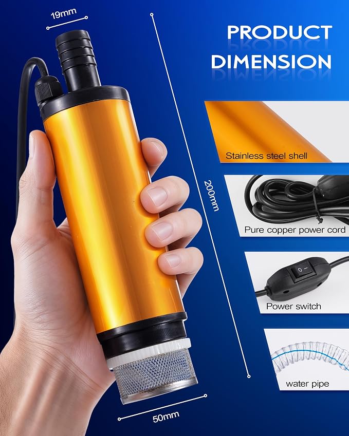 12V 80W Submersible Water Transfer Pump, 5.3GPM High Flow Diesel Water Pump | w/ Hose, Electric Fuel Oil Transfer Pump, Small Portable Utility Pumps for Water, Diesel & Kerosene