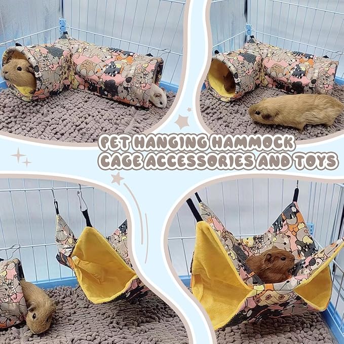 Guinea Pig Rat Tunnel Ferret Hammock, Small Animal Corner Tunnel & Tubes & Bed for Hedgehog Piggy Chinchilla Hideout Toys and Cage Accessories (3.Hammock&Tunnel, Pink cat)