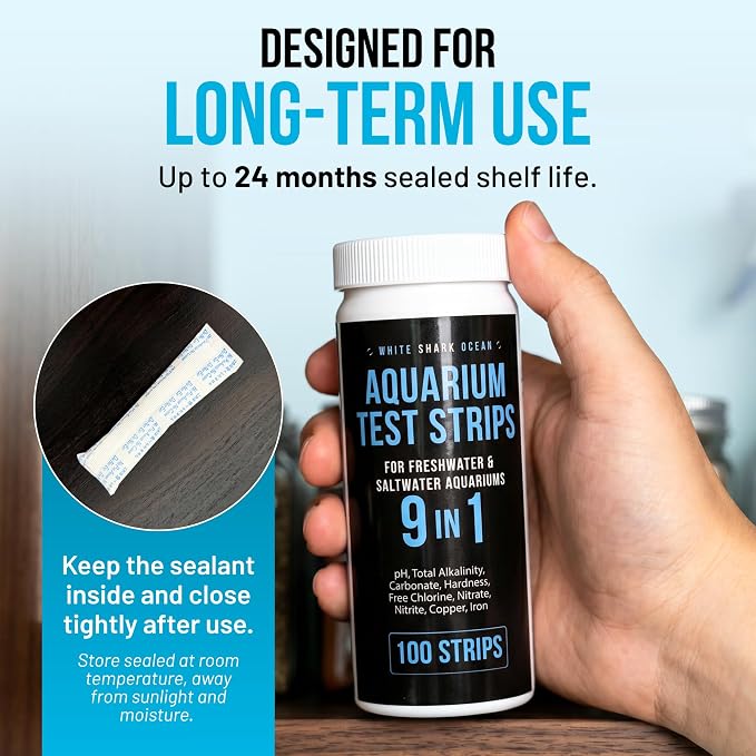 9-In-1 Aquarium Test Strips – 100 Strips for Freshwater & Saltwater | Tests pH, Nitrate, Nitrite, Hardness, Chlorine, Copper, Iron, Carbonate & Alkalinity | Fast Results for Fish Tank & Reef Aquariums