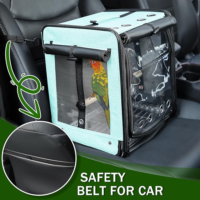 Bird Carrier with Seat Belt for Car Travel, Bird Backpack Carrier with Indestructible Stainless Steel Mesh, Large Bird Carrier Travel Cage, Green