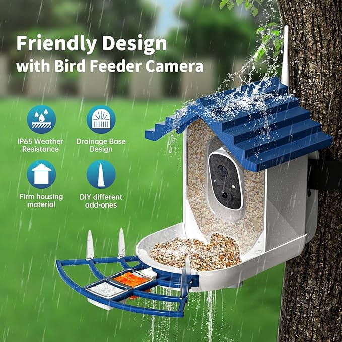 Smart Bird Feeder with Camera Solar Powered & AI Bi rd Identification, 2.4Ghz WiFi Bird feeders for Outdoors, 2K Live Video, Instant Arrival Alerts - Gifts for Women