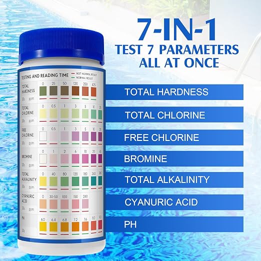 Pool Test Strips 7-in-1 (150Pcs)| Hot Tub Test Strips for Swimming Pool & Spa | Pool Water Testing Kit for Chlorine, Bromine, Ph, Hardness, More - All in 1 Swimming Pool Test Strips