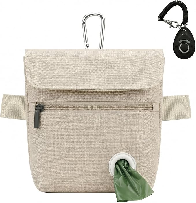 Dog Treat Pouch and Dog Training Clicker, Treat Bag with Poop Bag Dispenser, Powerful Magenetic Clasp, Metal Clip Waist Belt Fanny Pack for Pet Walk Dog Training (White)