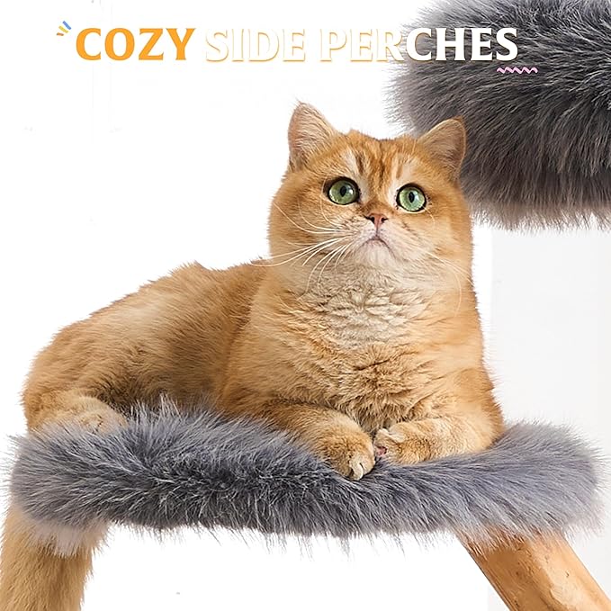 HITTITE Natural Wood Cat Tree Tower with Scratching Post, 40 Inches Tall Modern Cat Tower with Cozy Bed and Condo, Luxury Real Branch Cat Tree for Indoor Cats Large Adult, Grey.