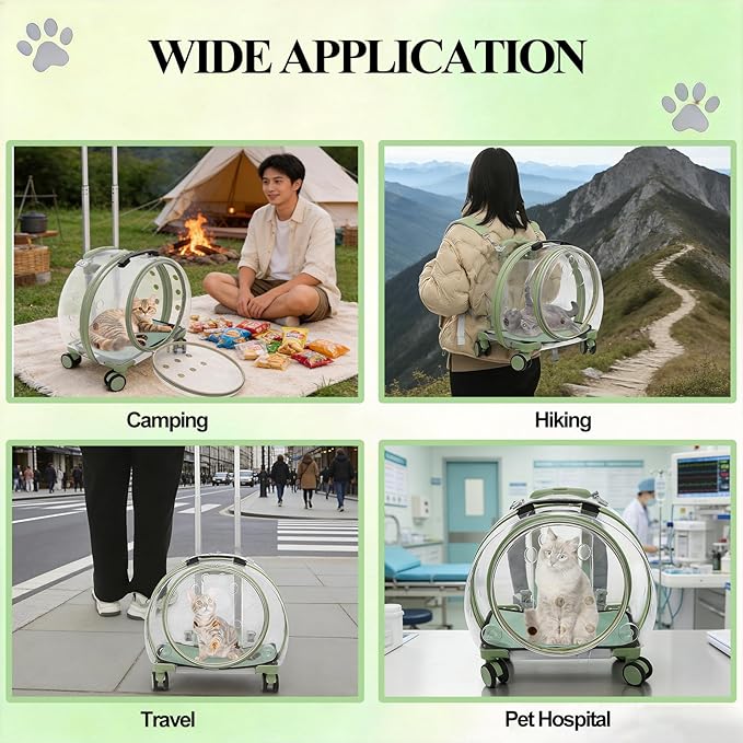 Cat Backpack Carrier, Transparent & Breathable Cat Carrier with Wheels, Large Space Bubble Pet Backpack for Kitty Dog Bunny Up to 20lbs, Multiple Carrying Options, Perfect for Traveling/Taking a Walk