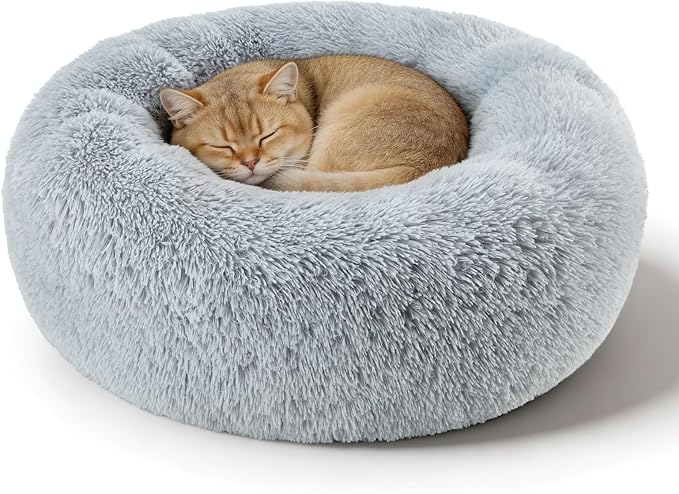Dog Calming Beds for Small Medium Large Dogs - Round Donut Washable Puppy Dog Bed, Anti-Slip Faux Fur Fluffy Donut Cuddle Anxiety Cat Pet Bed(Light Grey 20")