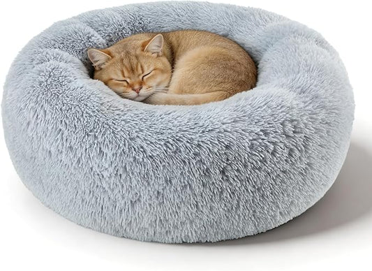 Dog Calming Beds for Small Medium Large Dogs - Round Donut Washable Puppy Dog Bed, Anti-Slip Faux Fur Fluffy Donut Cuddle Anxiety Cat Pet Bed(Light Grey 20")