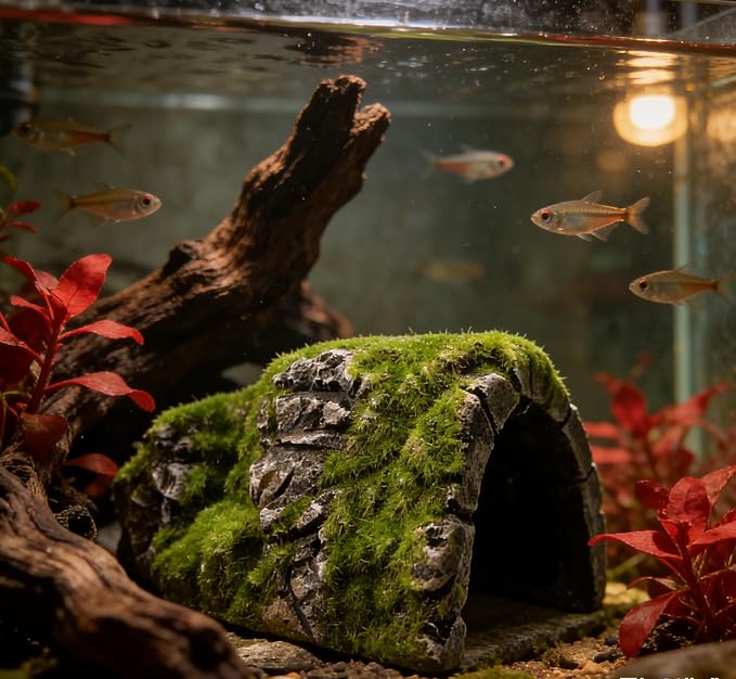 M2cbridge Aquarium Decorations Fish Hideout House Betta Cave with Green Lifelike Moss (Betta Rock Cave)