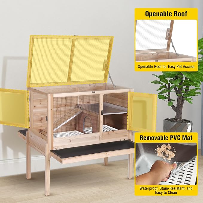Aivituvin 2-Story Indoor Rabbit Hutch Guinea Pig Cage with Stand, Wooden Bunny Cage Small Animal Cages with Chew-Proof Ramp, Pull-Out Tray & Leakproof PVC Layer (Natural Wood)