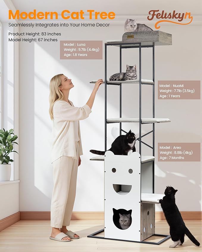 Wood Cat Tree Tower, 84 Inch Modern Extra Tall Cat Condo Trees for Indoor Cats Large Adult, XL Multi-Level Heavy Duty Wooden Sturdy Cat House Furniture with Platform Perch Bed Scratching Post