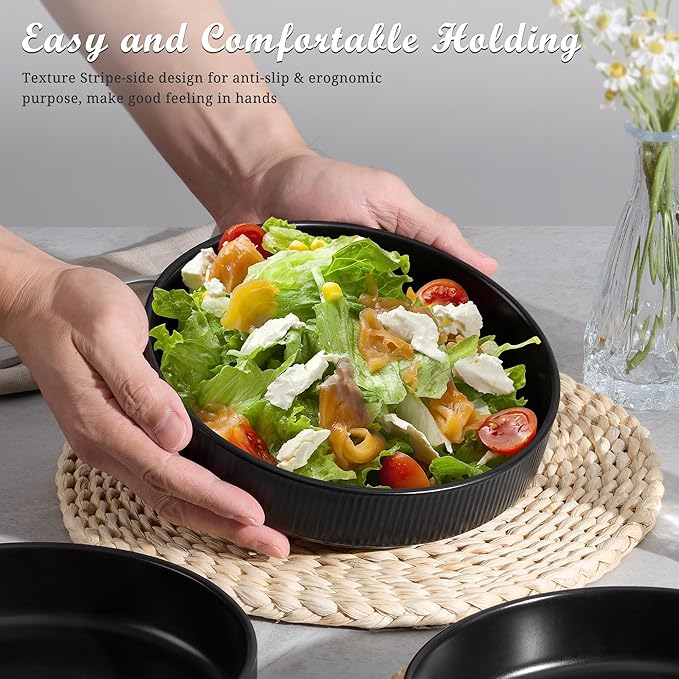 E-far Pasta Bowls Set of 4, 35oz Large Salad Bowl Plate for Dinner Serving Soup, Wide & Shallow Ceramic Stoneware Pasta Plates, Microwave & Dishwasher Safe, Reactive Glaze Texture-Stripe, Matte Black