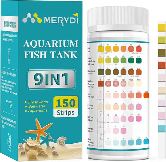 Aquarium Test Strips, 9 in 1 Fish Tank Test Kit for Freshwater Ponds, 150 ct Quick & Accurate Water Testing Iron Copper Sodium Chlorine Nitrate Nitrite Total Alkalinity Hardness Free Chlorine pH