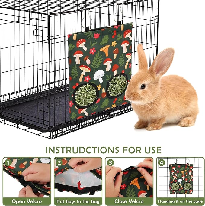 JarThenaAMCS 2Pcs Rabbit Hay Feeder Bag with 2 Holes 11.5 x 9 Inch Mushroom Guinea Pig Hanging Hay Feeding Bag Storage Dispenser for Chinchilla Hamster Bunny Small Animal Pet