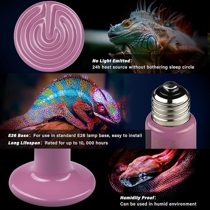 Simple Deluxe 150W 2-Pack Ceramic Heat Emitter Reptile Heat Bulb No Light, LCD Digital Aquarium Thermometer, for Reptile Amphibian, 4 Pack, Purple