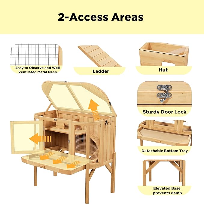 Wooden Hamster Cage 2 Story with Detachable Legs & Pull-Out Tray, Small Animal Habitat with Ramp, Top & Side Ventilation Mesh for Guinea Pigs