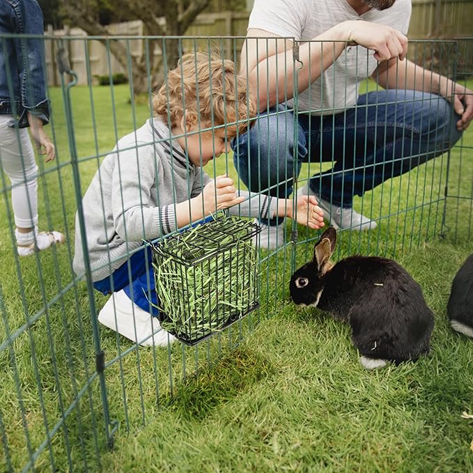New Upgraded Rabbit Hay Feeder,Comes with Lid to Prevent Critters from Jumping in,Metal Frame Hay Rack with Adjustable Hook,for Rabbits Guinea Pigs Bunny Chinchillas Small Animals (Black)