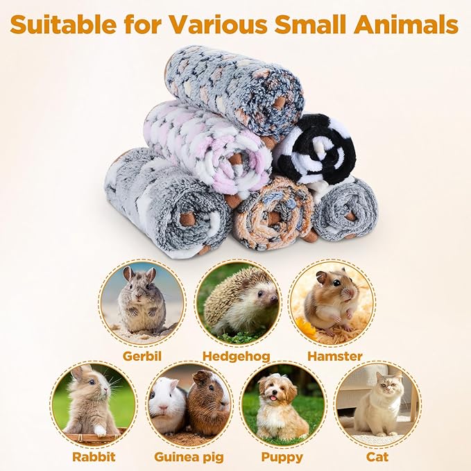 6 Pcs Guinea Pig Blankets - Soft Flannel Fleece Bedding, Washable & Reversible Small Animal Cage Liners for Hamster, Rabbit, Chinchilla (16"x24", Multi-Color)