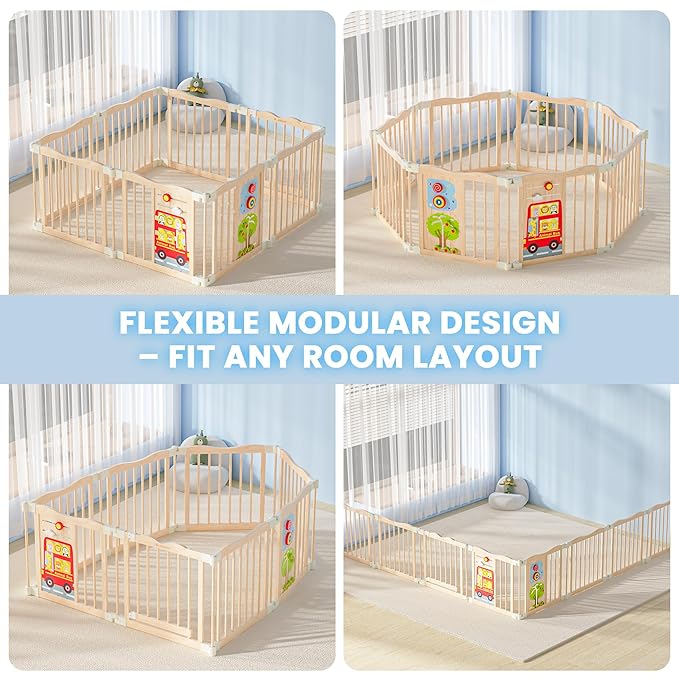 Foldable Wooden Playpen - Adjustable Wood Baby Play Yard with Child-Proof Lock, Indoor Large Safety Fence for Babies and Toddlers - Easy Assembly, 55 x 55 x 24 inches, Animal Bus, Natural