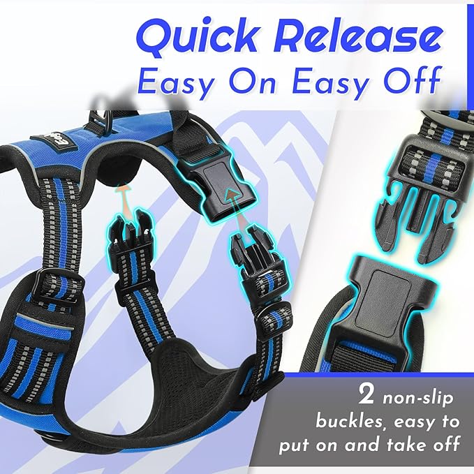 Eagloo Dog Harness for Large Dogs, No Pull Service Vest with Reflective Strips and Control Handle, Adjustable and Comfortable for Walking, No Choke Pet Harness with 2 Metal Rings, Blue, L