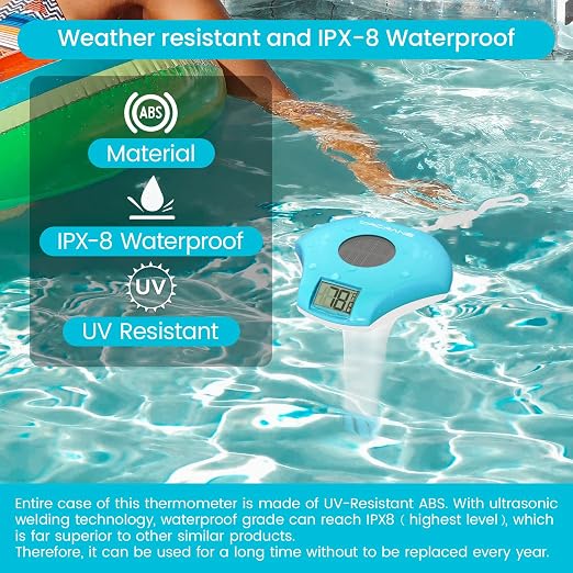 Circrane Solar Digital Pool & Spa Thermometer, Weather Resistant Floating Thermometer, IPX-8 Water Proof, 10s Measuring Cycle, Solar Powered with 270 Days Battery Life, Blue