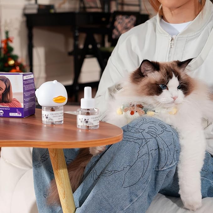 Cat Calming Pheromone Diffuser Kit for Cat/Kitten Anxiety Relief Stress Reduction, 48ml x 2 and1 Plug-in Diffuser Reduces Common Signs of Stress and Fear