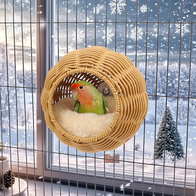 Hypeety Rattan Steel Frame Bird Nest for Cage Chewproof Parakeet Nest House Small Bird Bed Hammock with Removable Soft Plush Cushion for Small Parrots Budgies Canaries Cockatiels Finches Lovebirds