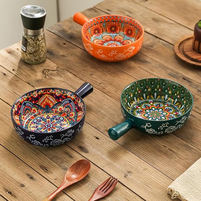 Bohemian Ceramic Soup Bowl with Handle – 23oz Spaghetti Bowl, 8.66" Length – Wide and Shallow for Soup, Colorful Floral Interior – Microwave & Dishwasher Safe Pasta Salad Dish Red