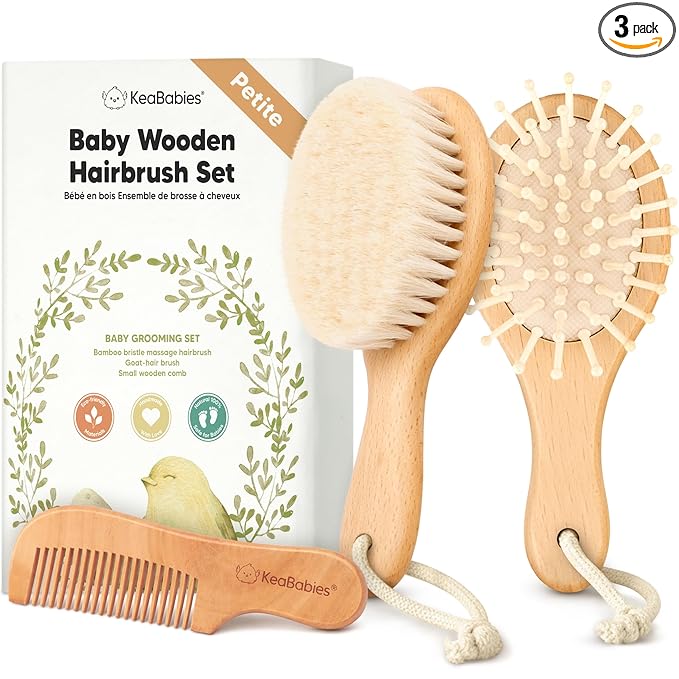 Baby Hair Brush Set for Newborns - Soft Goat Bristle Wooden Baby Brush and Comb Set Newborn Grooming Kit for Cradle Cap, Durable & Gentle, Boy, Girl Infant Essentials Care Kit (Petite, Walnut)